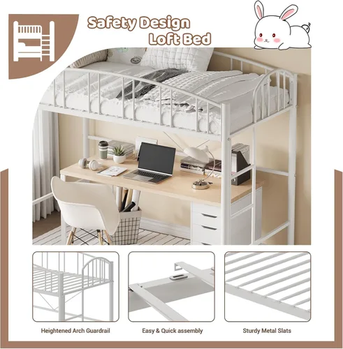 Miniatura 6 de Cama alta de metal resistente tamaño individual con escalera y barandilla arqueada, soporte de listones de acero resistente, diseño que ahorra