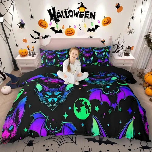 Miniatura 22 de Erosebridal Juego de ropa de cama de murciélago de Halloween, tamaño individual, con purpurina y estrellas, galaxia, funda de edredón para niños