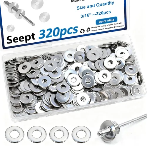 Miniatura 7 de 375 piezas de arandelas de remache pop plateadas, kit surtido para remaches pop de diámetro 3/32", 1/8", 5/32", 3/16", 1/4" de acero inoxidable 304