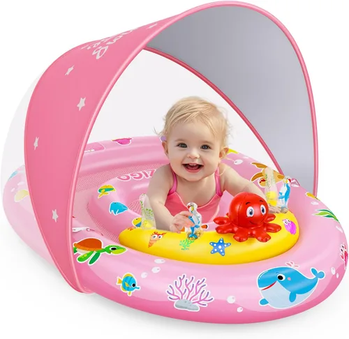 EZIGO Baby Pool Float with Canopy UPF50+ Sun Protection, Inflatable Kids Pool Floats with Ocean Animal Toys for Baby 6-36 Months, Infant Swimming