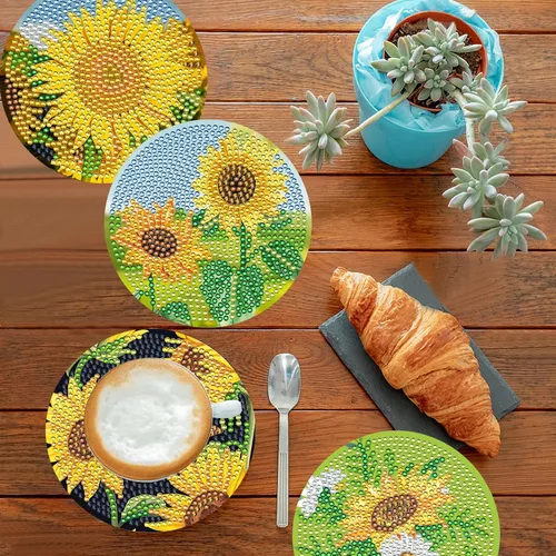 Miniatura 2 de TDOOW 8 Piezas Posavasos de Pintura de Diamante, Posavasos de Arte de Diamante de Girasol para Adultos DIY Posavasos de Arte de Diamante