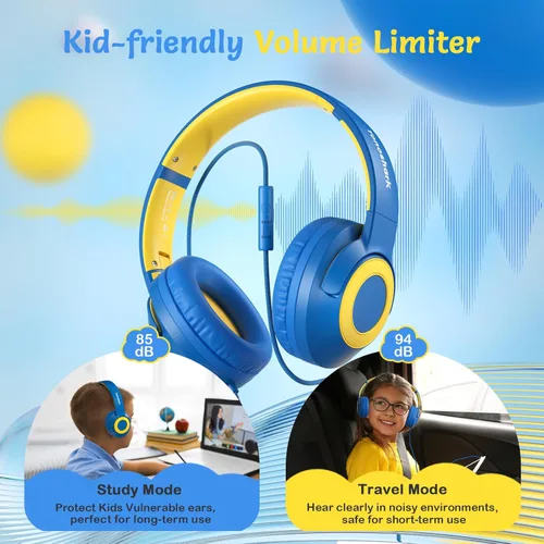 Miniatura 3 de TONOSHARK Auriculares con cable para niños con micrófono, volumen limitado a 85/94 dB, auriculares plegables de 0.138 in para niñas, auriculares Azul