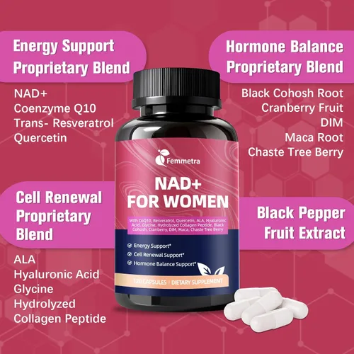 Miniatura 4 de Suplementos NAD+ para mujeres NAD Resveratrol para energía celular, DIM y arándano para equilibrio hormonal y equilibrio de estrógenos Sin OMG