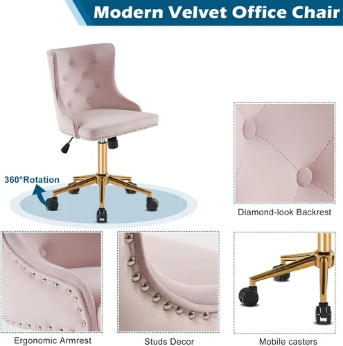 Miniatura 4 de VINGLI Silla de escritorio de terciopelo rosa claro sin brazos para oficina en casa con base dorada/ruedas, bonita silla de tocador y maquillaje