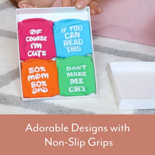 Miniatura 7 de Calcetines brillantes para bebé, 4 pares de calcetines para recién nacidos, regalo para bebé con citas adorables, agarre antideslizante, regalos