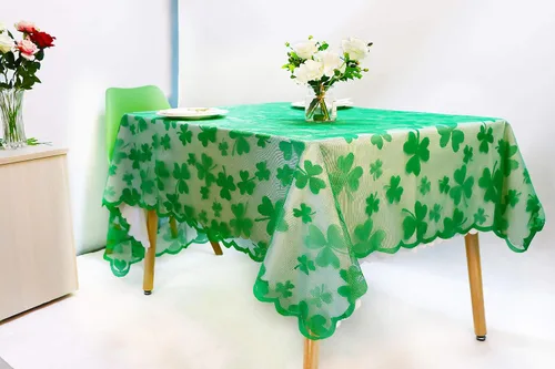 Miniatura 2 de asunflower Mantel rectangular de encaje con trébol verde, 60 x 84 pulgadas, para decoración de mesa del día de San Patricio con mantel bordado