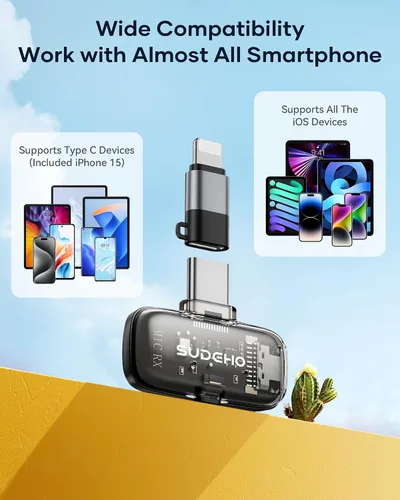 Miniatura 5 de Mini micrófonos inalámbricos Lavalier para iPhone iPad Android con funda de carga, micrófono de solapa USB C con reducción de ruido y modo cambiador
