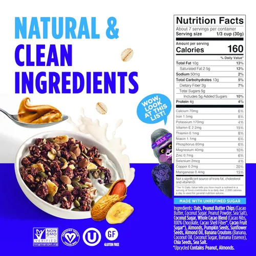 Miniatura 2 de Blue Stripes Granola de cacao entero con mantequilla de maní y plátano, 8 onzas
