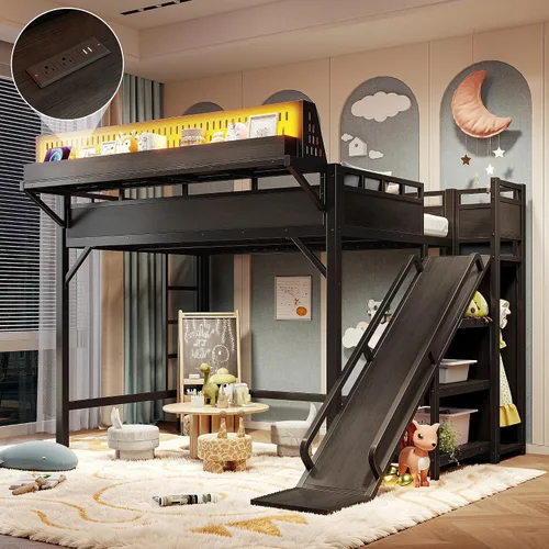 Miniatura 20 de Cama tipo loft de tamaño matrimonial con escaleras de almacenamiento integradas, armario, marco de cama alta de metal con barandilla lateral