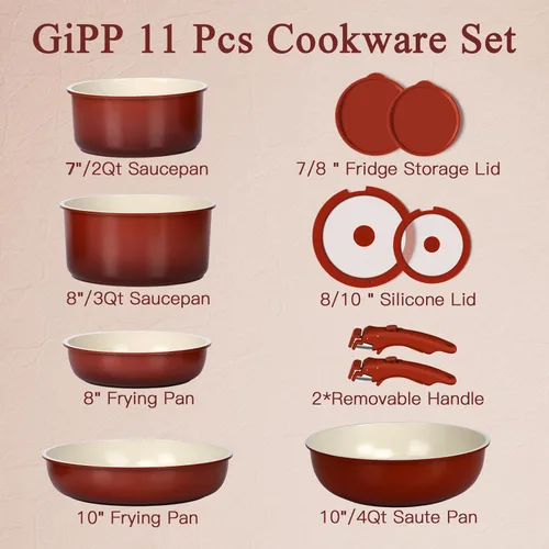 Miniatura 3 de GiPP Juego de 11 piezas de ollas y sartenes antiadherentes, juego de utensilios de cocina antiadherentes con mango desmontable, ollas de cerámica