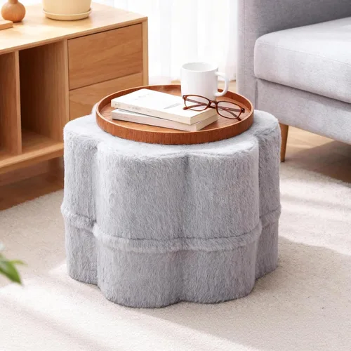 Miniatura 24 de Tiita Puf Otomán Redondo Relleno, Pufs de Piel Sintética a Rayas con Relleno de Trozos de Espuma, Puf Peludo y Esponjoso de 21 x 21 x 12 pulgadas