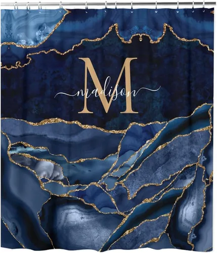 Cortina de ducha azul marino y dorado, cortina de ducha con monograma con nombre personalizado de geoda ágata con 12 ganchos, decoración de bañera