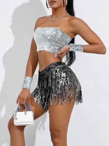 Miniatura 4 de FEOYA Pantalones cortos de lentejuelas para mujer, falda brillante con borlas, trajes de festival, rave, pantalones calientes