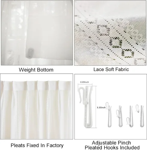 Miniatura 5 de Cortinas traslúcidas de encaje a rayas de 45 pulgadas de largo, paneles de cortinas plisadas para ventana, 26 pulgadas de ancho x 45 pulgadas