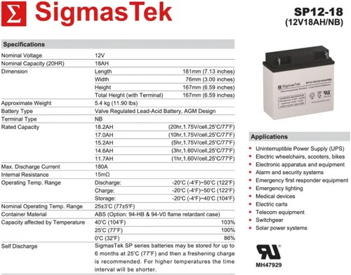 Miniatura 3 de SigmasTek SP12-18NB - Batería NB SLA de 12V 18AH - Compatible con: APC RBC7 SUA48XLBP SUA24XLBP SUA5000RMT5U CURK7 CURK11 SUA2200XLT SUA3000 SUA2200