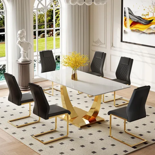 Miniatura 43 de Juego de mesa de comedor para 4, mesa de comedor de mármol sintético de 63 pulgadas con patas y base de acero inoxidable, sillas acolchadas