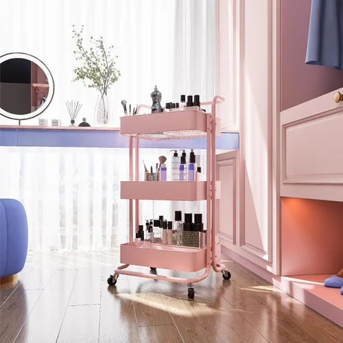 Miniatura 5 de Carrito de almacenamiento con ruedas de metal, carrito utilitario de 3 niveles con ruedas, organizador multifuncional para cocina, dormitorio, Rosa