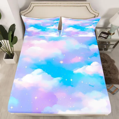 Feelyou Juego de sábanas bajeras de arco iris para niños, niñas, adolescentes, decoración de dormitorio, espacio exterior, color azul nube, blanco,