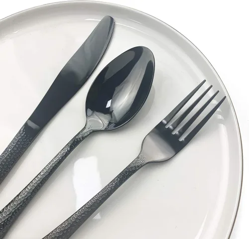 Miniatura 5 de JASHII Juego de cubiertos de 4 piezas de acero inoxidable negro forjado con mango martillado, servicio para 1 pulido de espejo, apto