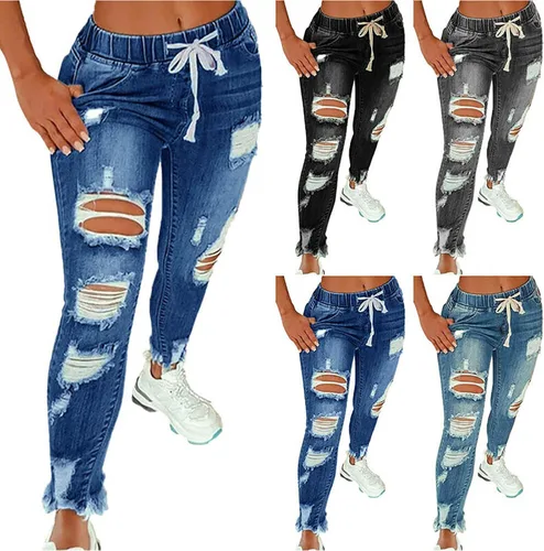 Miniatura 2 de KUNMI Pantalones vaqueros rasgados elásticos de cintura alta para mujer, pantalones de mezclilla destruidos en tallas grandes