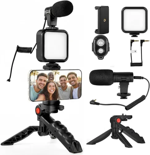 Miniatura 9 de Acuvar Kit de vlogging premium de 9 piezas para iPhone, Android y cámaras, micrófono, soporte de trípode y luz LED, paquete de YouTube, TikTok