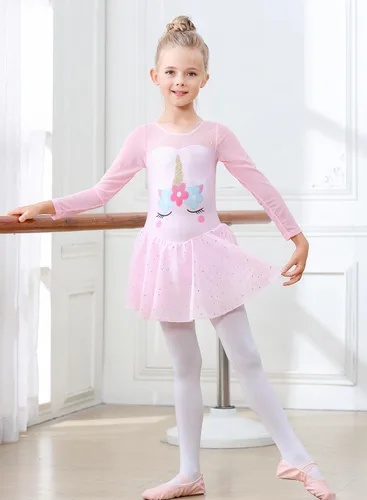 Miniatura 56 de EQSJIU Leotardo de baile de manga larga para niñas, vestido de ballet brillante con copo de nieve, tutú con falda tutú para niñas