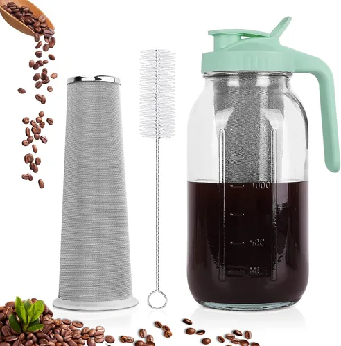 Miniatura 17 de Máquina de café de infusión fría, jarra de albañil de 64 onzas con filtro de acero inoxidable, tapa con pico para servir, de vidrio resistente