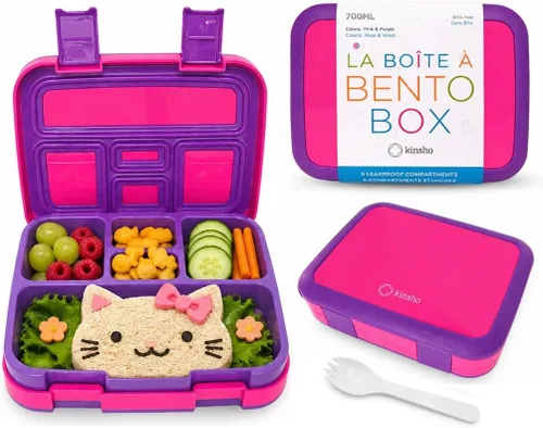 Miniatura 16 de Lonchera Bento con bolsa aislada, juego de botella de agua para niños pequeños, 5 secciones de porciones, bandeja extraíble sin BPA, almuerzos