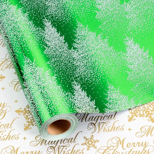 Miniatura 9 de MAYPLUSS Rollo de papel de regalo de Navidad, papel de regalo de 17 pulgadas x 16.5 pies con casa de árbol de Navidad azul marino copo de nieve