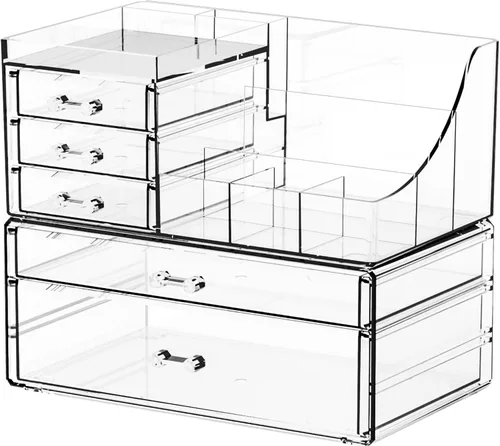 Yieach Paquete de 2 organizadores de maquillaje transparentes para tocador, tocador y baño, organizadores de acrílico apilables con 5 cajones para