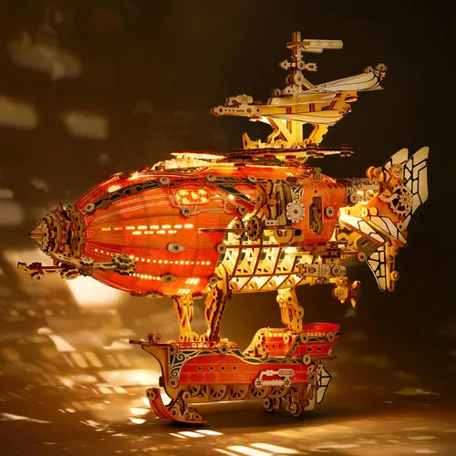 Miniatura 7 de FUNPOLA Rompecabezas de Madera LED 3D Modelo de Dirigible de Fantasía - Kit de Manualidades Steampunk DIY con Luces LED - Conjunto de Construcción
