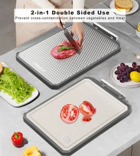 Miniatura 4 de Tabla de cortar de acero inoxidable, grande de 15 x 11 pulgadas, tabla de cortar de doble cara para cocina, paja de trigo de grado alimenticio PP