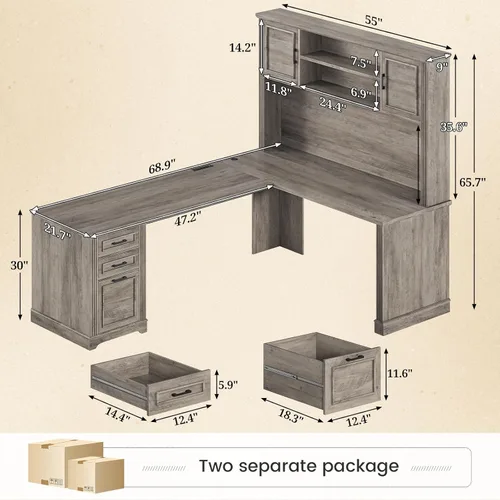 Miniatura 2 de SEDETA - Escritorio esquinero en forma de L de estilo granja con aparador y 3 cajones, escritorio ejecutivo de oficina de 68.9" con cajón para Gris