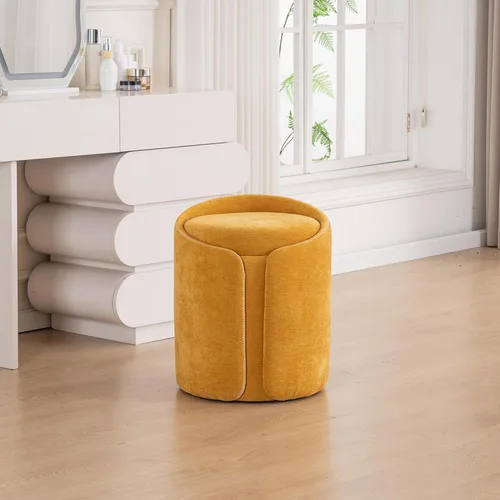 Miniatura 15 de Taburete Giratorio de Tocador con Base Dorada Cómoda Silla de Tocador Taburete Redondo Moderno para Tocador de Maquillaje Otomana de Tocador Beige