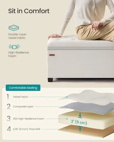 Miniatura 5 de SONGMICS Banco otomano de almacenamiento de terciopelo, reposapiés con patas, 15.7 x 43 x 15.7 pulgadas, banco de extremo de cama, baúl de Blanco