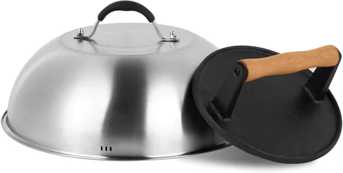 SHINESTAR Prensa de hamburguesa de hierro fundido con cúpula de fusión de 12 pulgadas para plancha Blackstone, juego de prensa de hamburguesas y