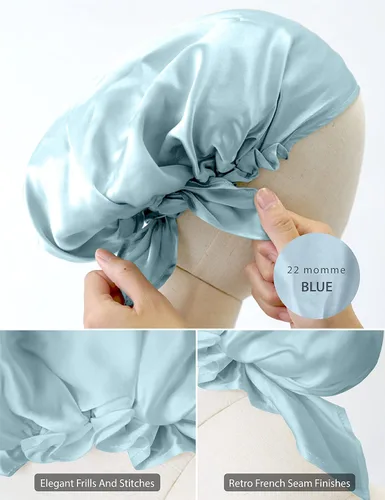 Miniatura 5 de SissiLita Gorro de seda 100% para dormir, gorro de seda grande con banda de amarre para el cuidado del cabello rizado (azul)