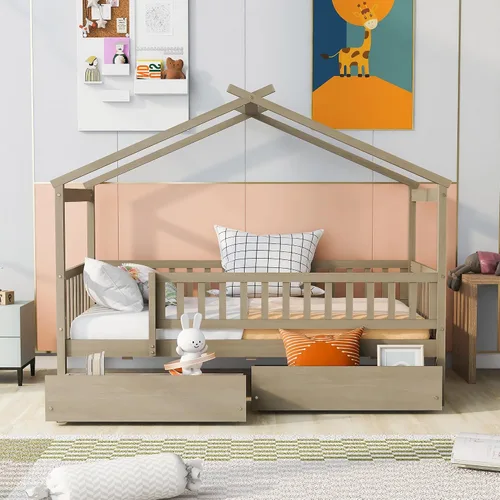 Miniatura 22 de RUNNA Marco de cama de madera de tamaño matrimonial con valla, para niños, adolescentes, niñas, niños, (Natural-Thinck 4col)