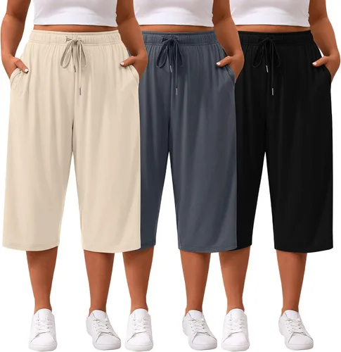 Miniatura 7 de Paquete de 3 pantalones capri de talla grande para mujer, ajuste holgado, pierna ancha, pantalones recortados para yoga, descanso, entrenamiento