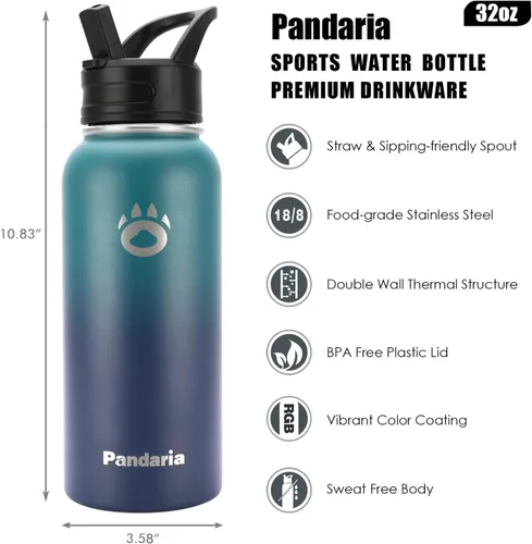 Miniatura 4 de Insulated Water Bottle 32oz, Stainless Steel Water Bottle with Straw & Spout Lids & Paracord Handle with Straw
