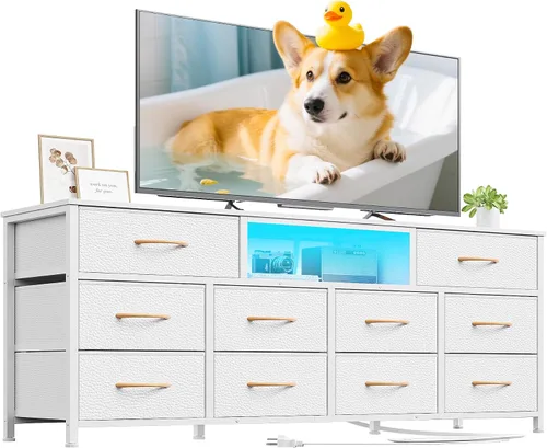 Miniatura 9 de Furnulem Cómoda de 55 pulgadas de largo para dormitorio, soporte de TV para TV de 55 a 65 pulgadas, cómoda negra con 10 cajones de tela, cajonera