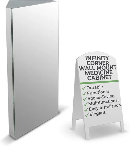 Renovators Supply Infinity - Armario para medicina de esquina con espejo de acero inoxidable pulido, almacenamiento de baño de 23.6 x 11.8 pulgadas,