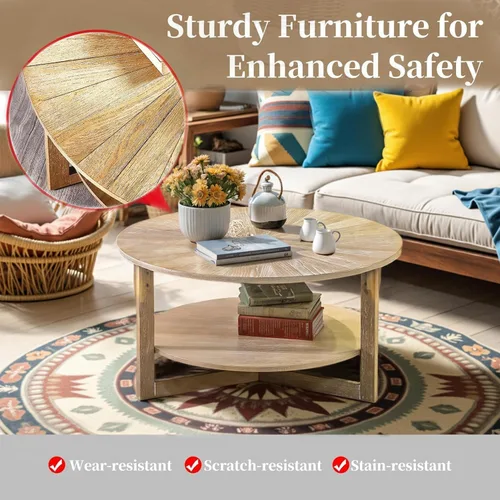Miniatura 4 de Mesa de café redonda, mesa de café circular de madera de 35" con estante de almacenamiento, mesa central de 2 niveles para sala de estar