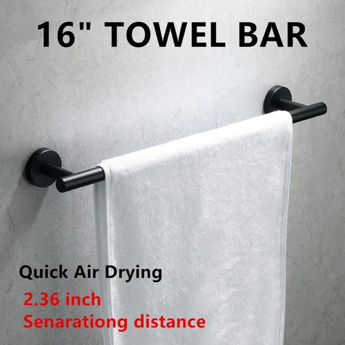 Miniatura 5 de Juego de 5 piezas de accesorios de baño negro mate, juego de toalleros de acero inoxidable 304 redondo montado en la pared, incluye barra de toalla