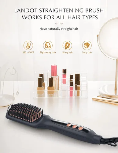 Miniatura 7 de LANDOT Cepillo alisador de cabello para cabello grueso y rizado, cepillo alisador de cerámica iónica con cerdas densas y 12 ajustes de temperatura
