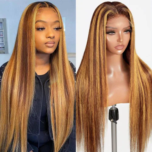 Miniatura 9 de Flady Peluca de cabello humano con encaje frontal ombré, prearrancada, sin pegamento, peluca frontal de encaje HD 4/27, pelucas de cabello humano