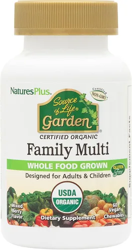 NaturesPlus Source of Life Garden Family Multivitamínico – 60 masticables – Sabor mixto de bayas – Energía, metabolismo y salud digestiva con