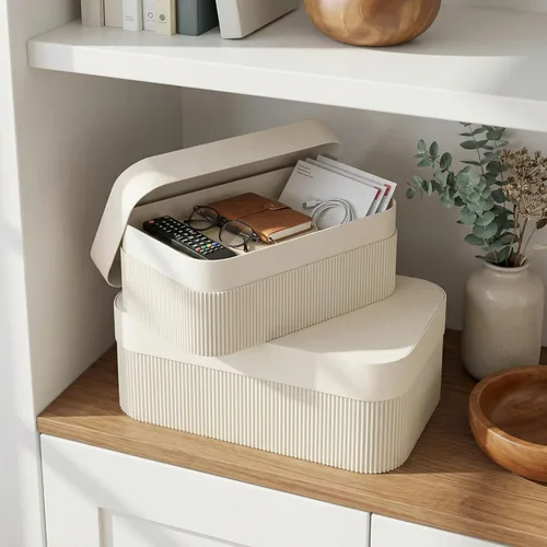 Miniatura 6 de Cajas de almacenamiento decorativas con tapas: juego de 2 hermosos cubos organizadores de cartón acanalado para la decoración de estanterías de tu