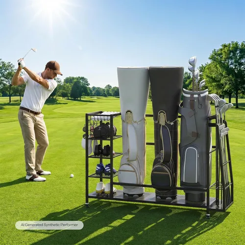 Miniatura 2 de HOOBRO Golf Bag Storage Garage Organizer, Golf Bag Storage Stand Fits 3 Golf Bags and Golf Equipment Rack with Wheels, Extra Storage Rack for