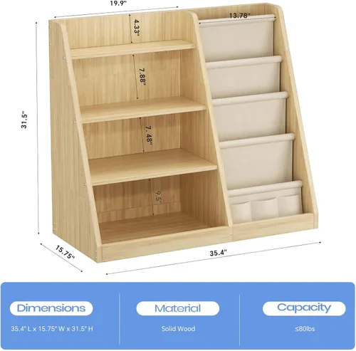 Miniatura 2 de EXPERLAM Estantería para niños y organizador de almacenamiento de juguetes, estante de libros de madera de 4 niveles con soporte para libros en sala